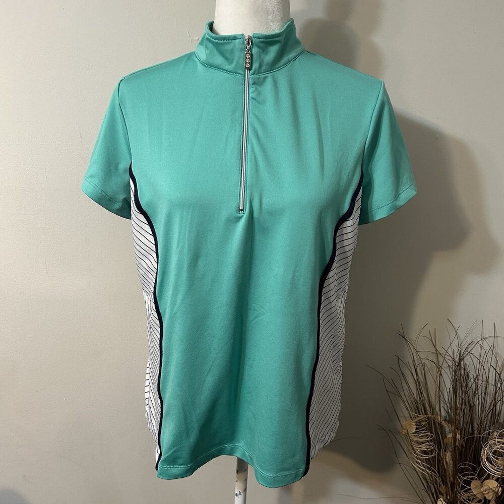 Zenergy Golf by Chico's Mock Neck Zip Golf Polo Shirt Green White Striped Sz L